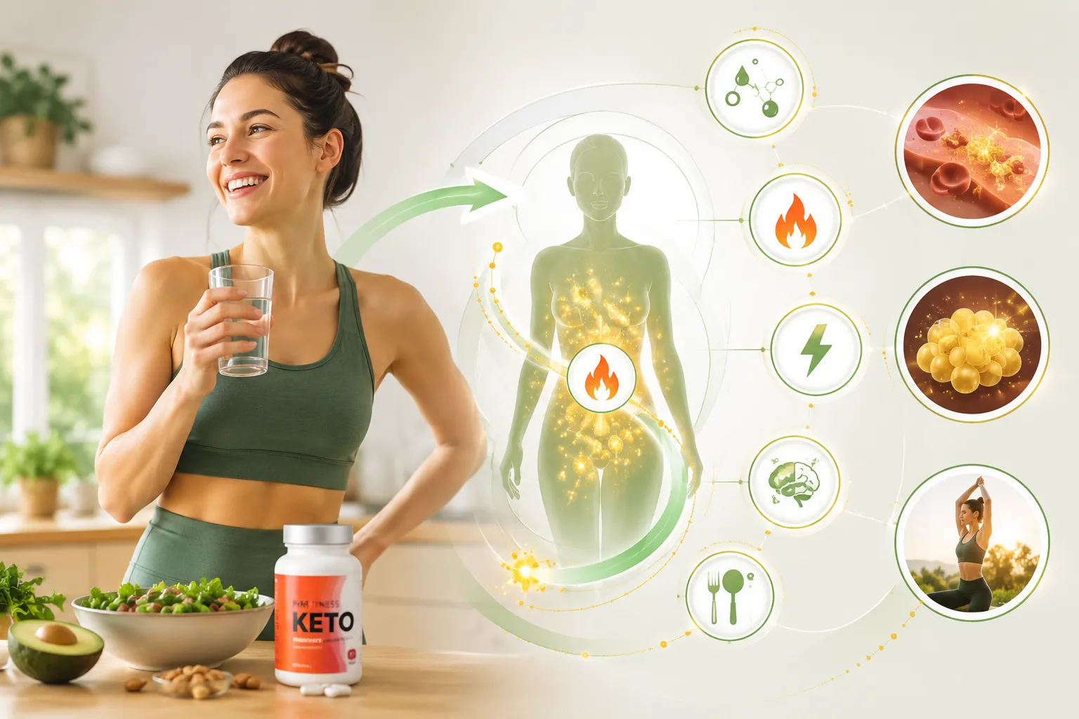 Femme active dans une cuisine avec Fitness Keto et illustration du métabolisme, de l’énergie et de la stabilisation de l’appétit